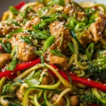 Garlic chicken zucchini noodles stir fry with sesame and vegetables