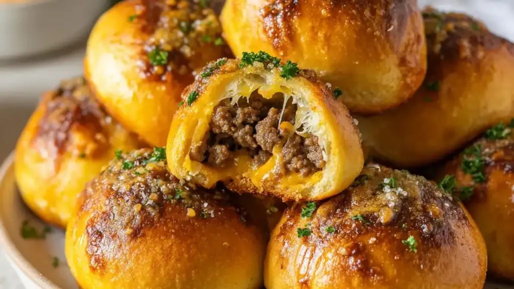 Garlic parmesan cheeseburger bombs with juicy beef and melted cheese filling