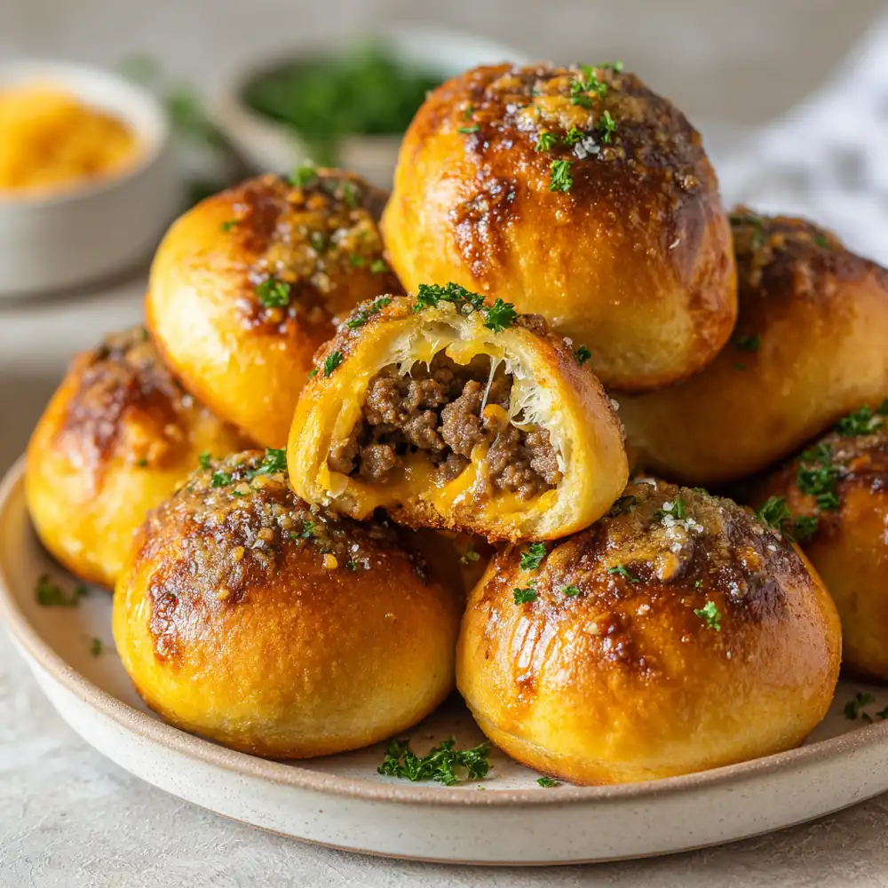 Cheesy garlic beef bombs baked until golden brown