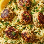 Greek chicken meatballs with lemon orzo and fresh herbs