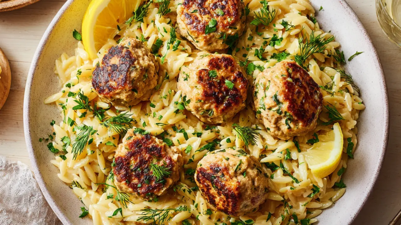 Greek chicken meatballs with lemon orzo and fresh herbs