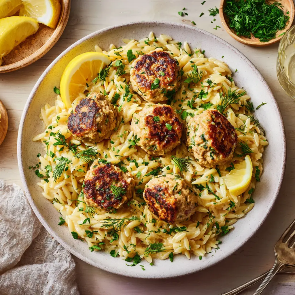 Lemon orzo with Greek chicken meatballs and herbs