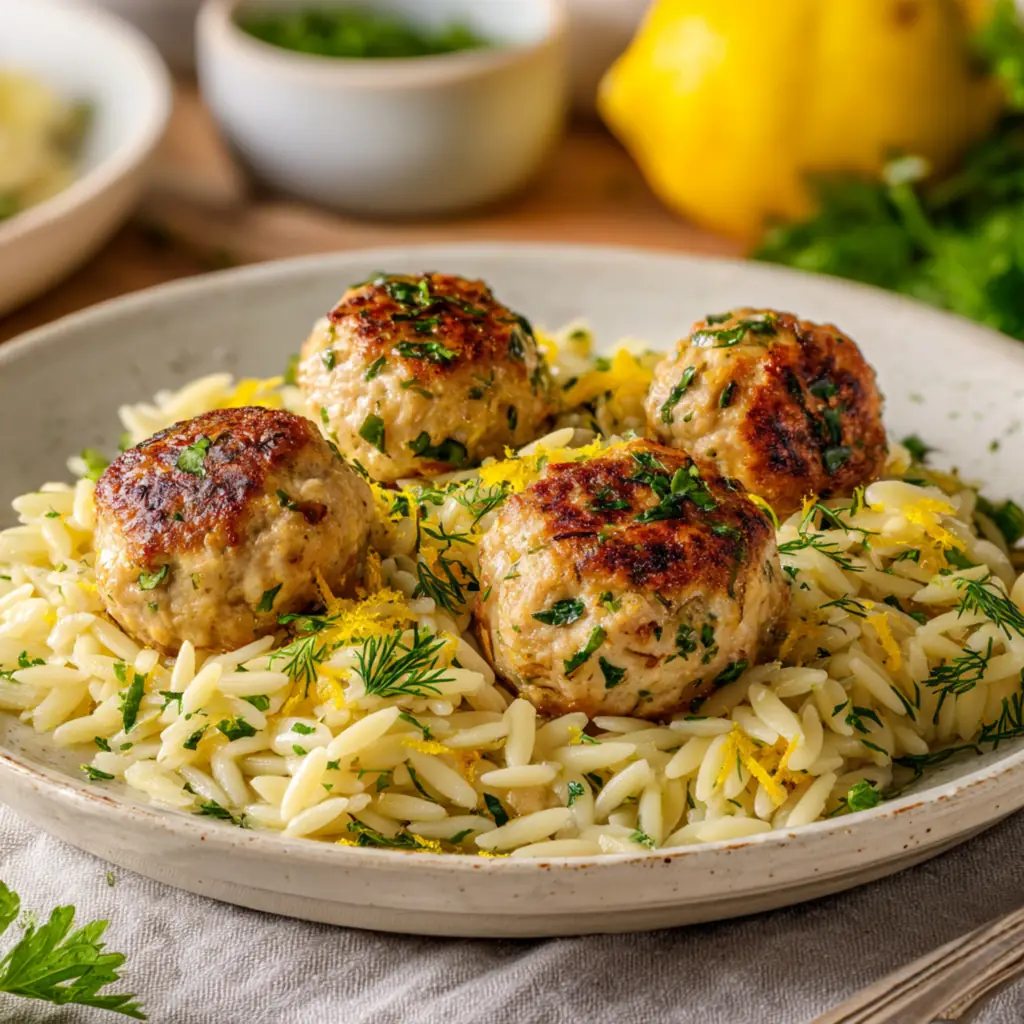 Chicken meatballs with orzo pasta and fresh lemon zest