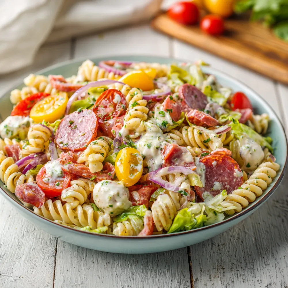 Pasta salad with salami, mozzarella, tomatoes, and creamy dressing