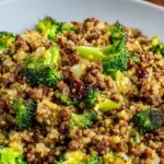 Ground beef fried quinoa with broccoli and garlic