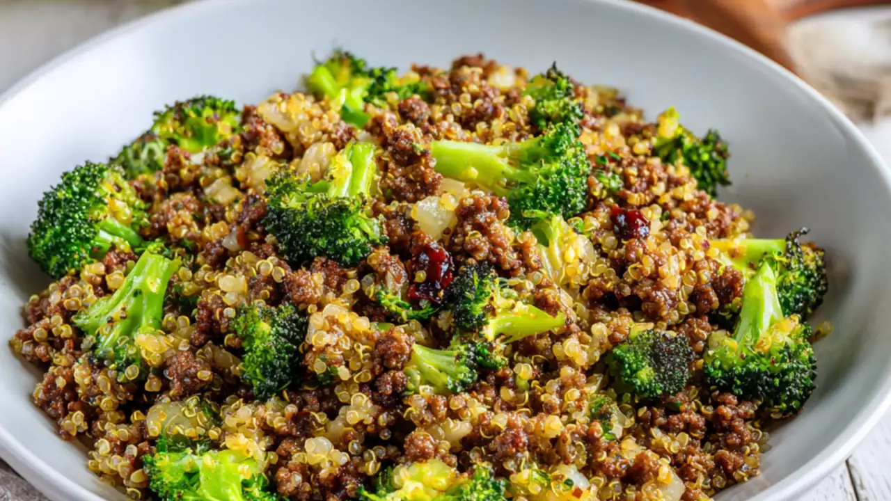 Ground beef fried quinoa with broccoli and garlic