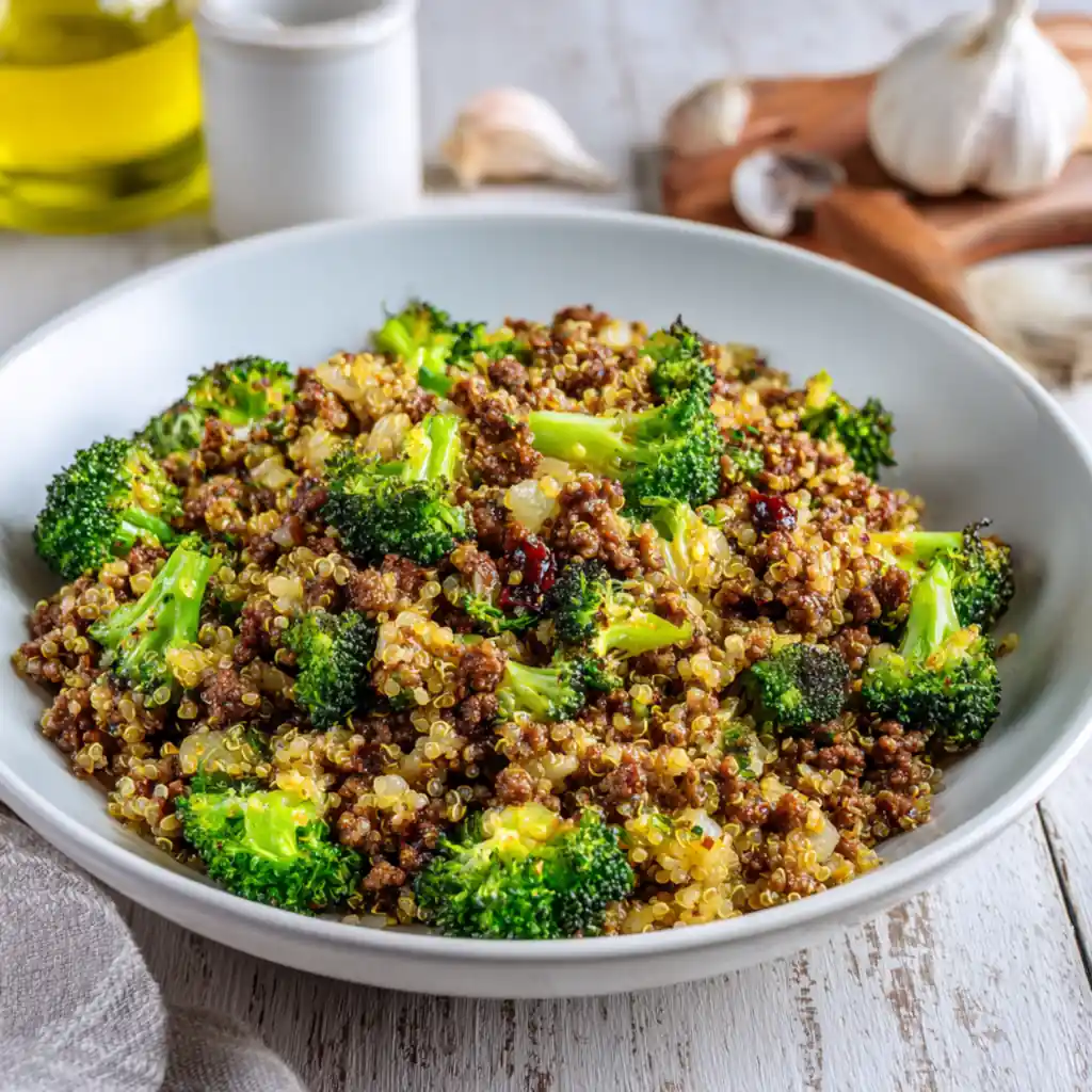 Garlic quinoa bowl with beef and broccoli