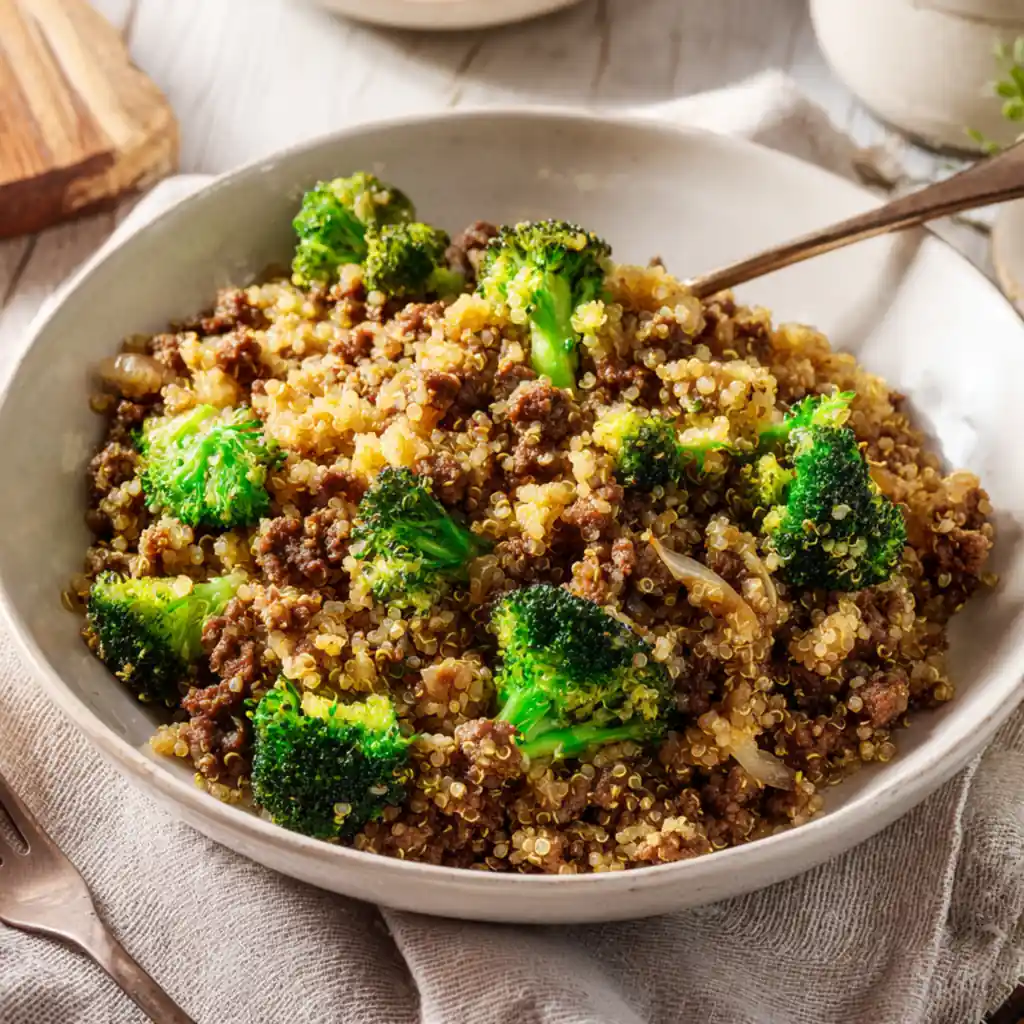 Quinoa stir fry with beef broccoli and onions