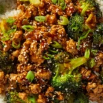 Sweet and spicy ground turkey with broccoli over rice