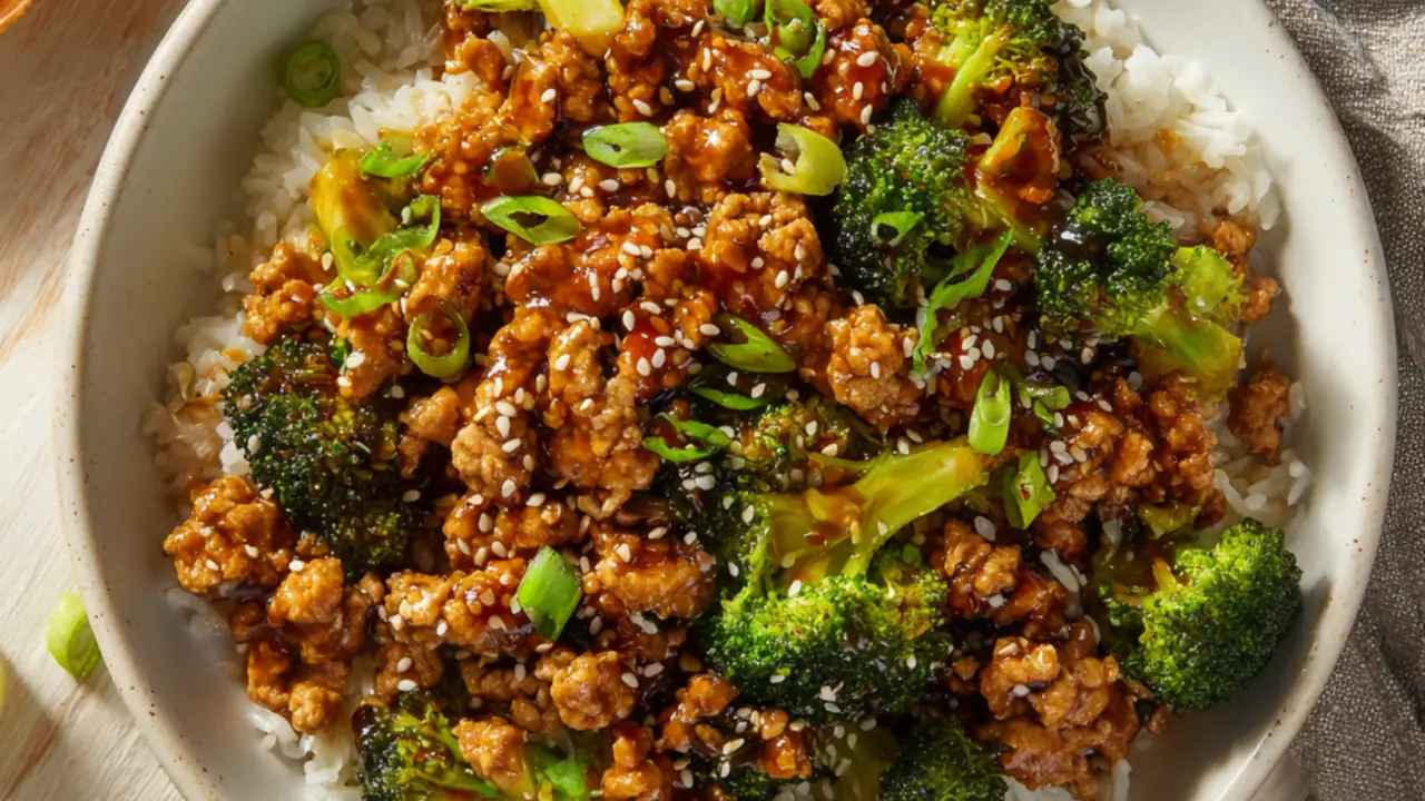Sweet and spicy ground turkey with broccoli over rice