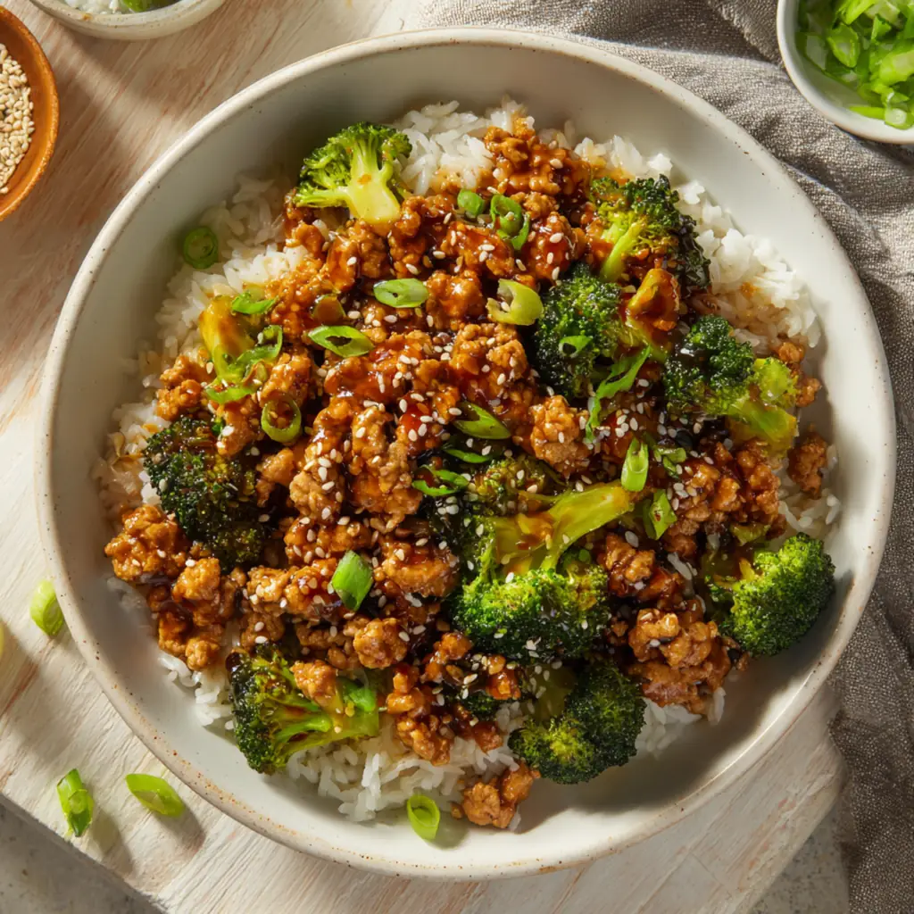 Ground turkey rice bowl with broccoli and sesame seeds