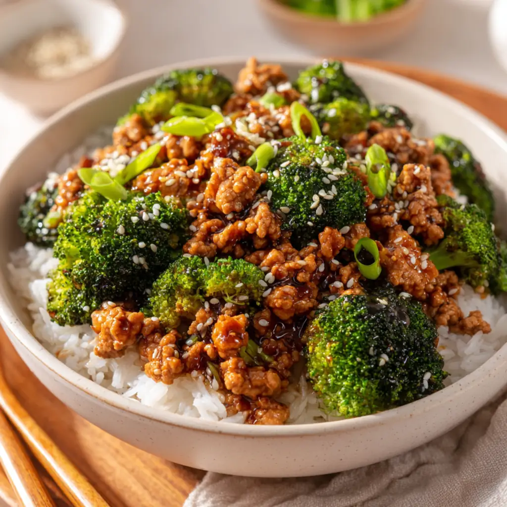 Broccoli and ground turkey bowl with sweet spicy glaze
