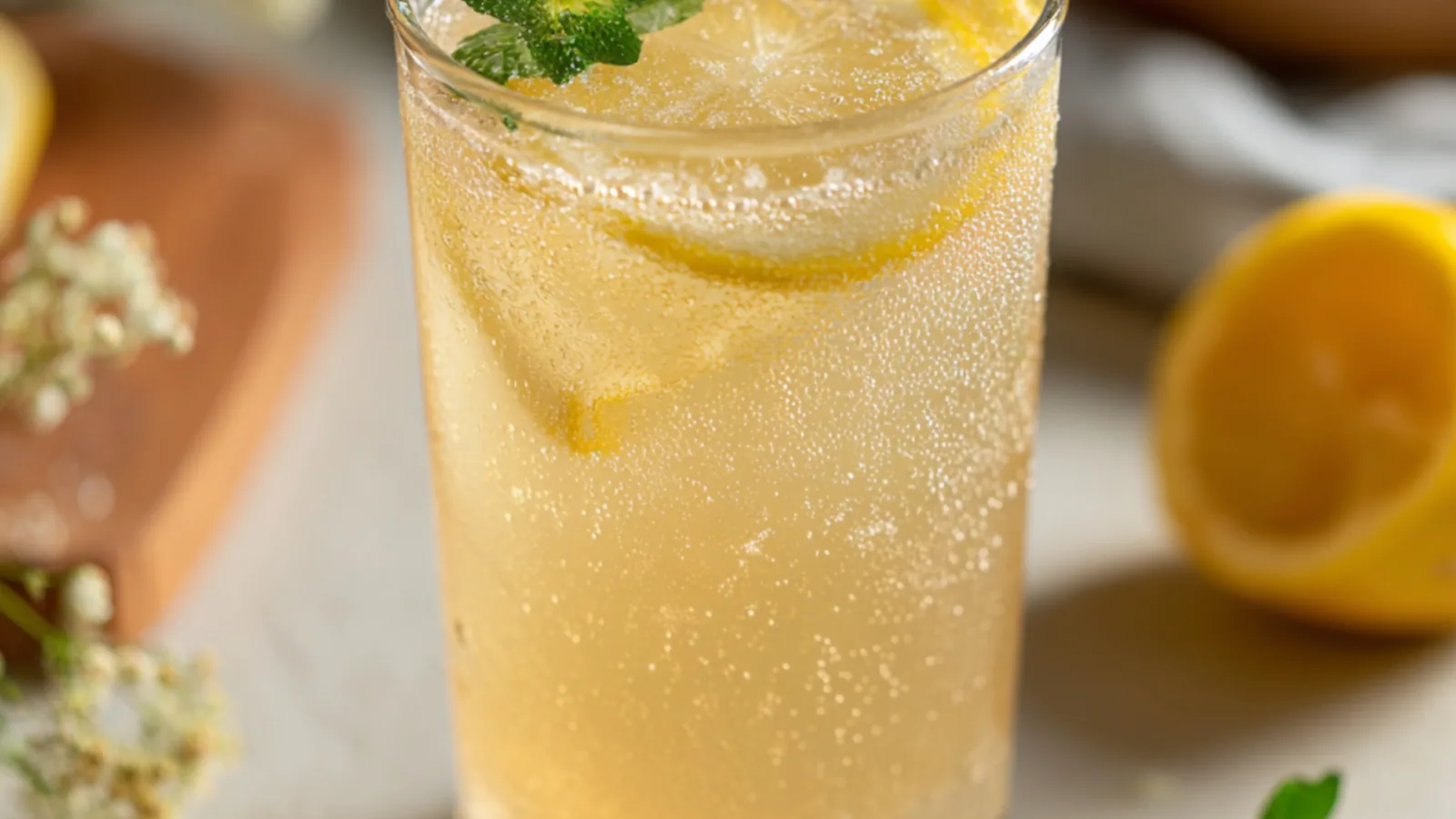 Homemade electrolyte drink with lemon slices and fresh mint