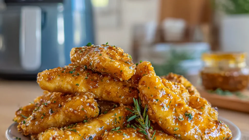 Air fryer honey butter garlic chicken tenders with crispy golden coating