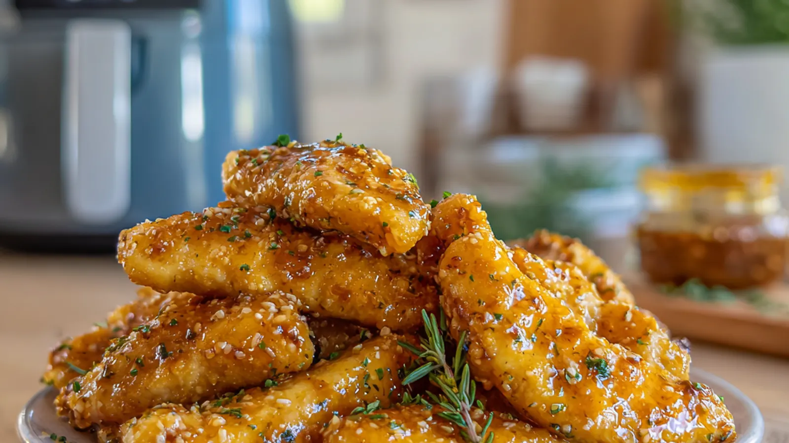 Air fryer honey butter garlic chicken tenders with crispy golden coating