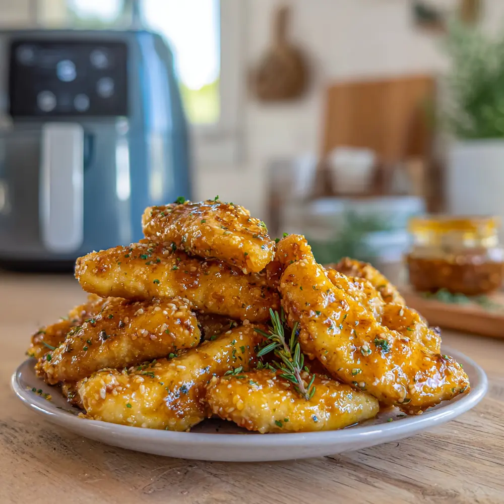 Honey butter garlic chicken tenders with crispy coating and glossy sauce