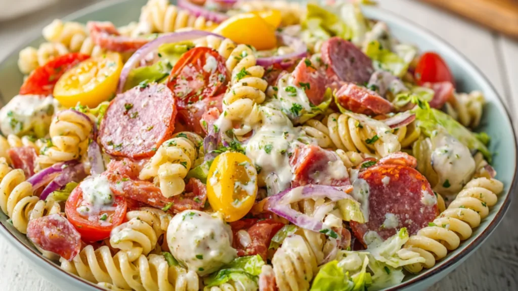 Italian grinder pasta salad with rotini, salami, mozzarella, and vegetables