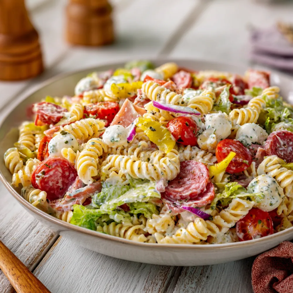 Italian pasta salad with rotini, cheese, vegetables, and dressing