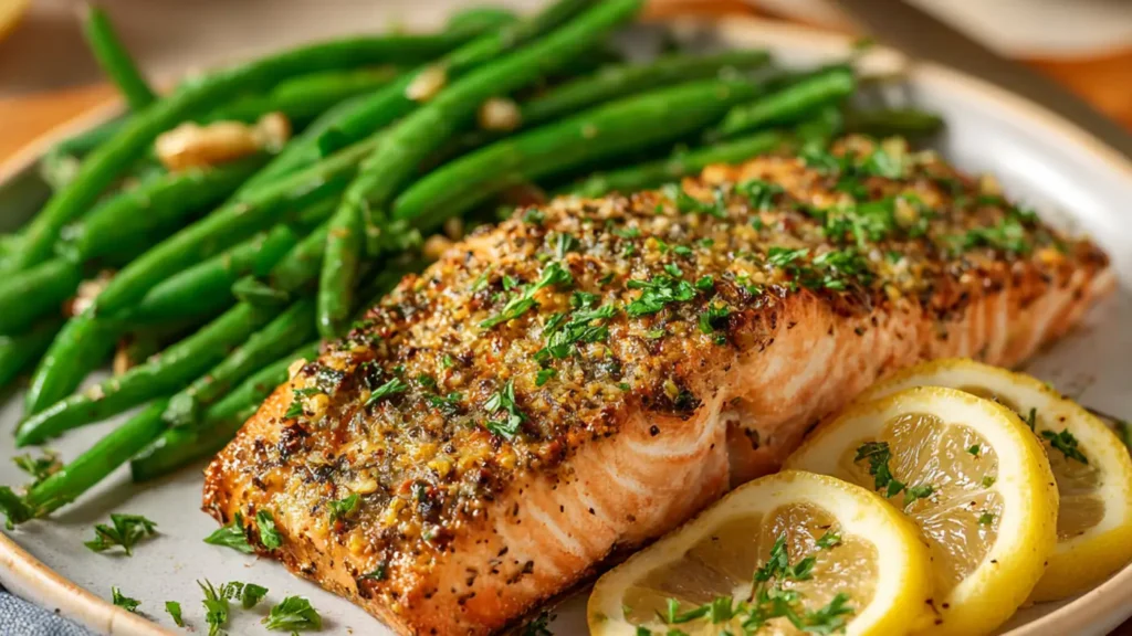 Lemon pepper salmon with roasted green beans and fresh lemon slices
