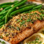 Lemon pepper salmon with roasted green beans and fresh lemon slices
