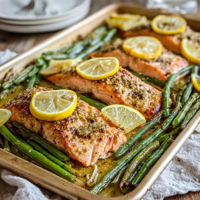 Roasted salmon fillets with green beans and fresh lemon on sheet pan