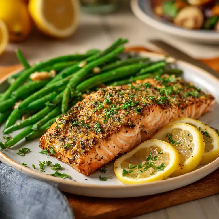 Lemon pepper salmon served with roasted green beans and lemon slices