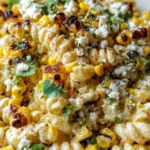Mexican street corn pasta salad with grilled corn, creamy dressing, and crumbled cheese