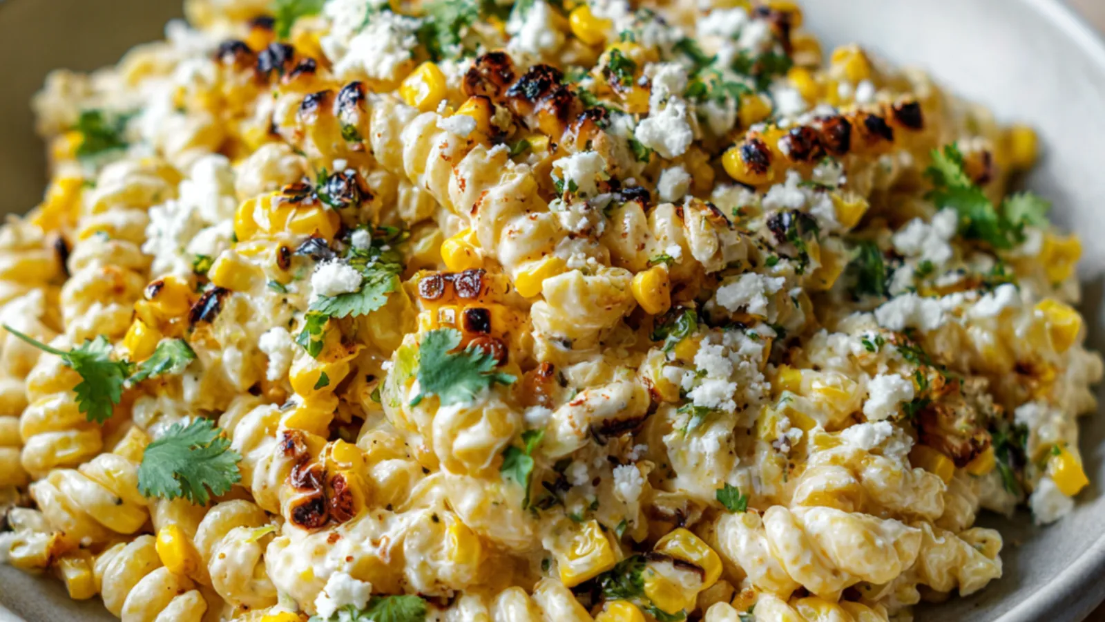 Mexican street corn pasta salad with grilled corn, creamy dressing, and crumbled cheese