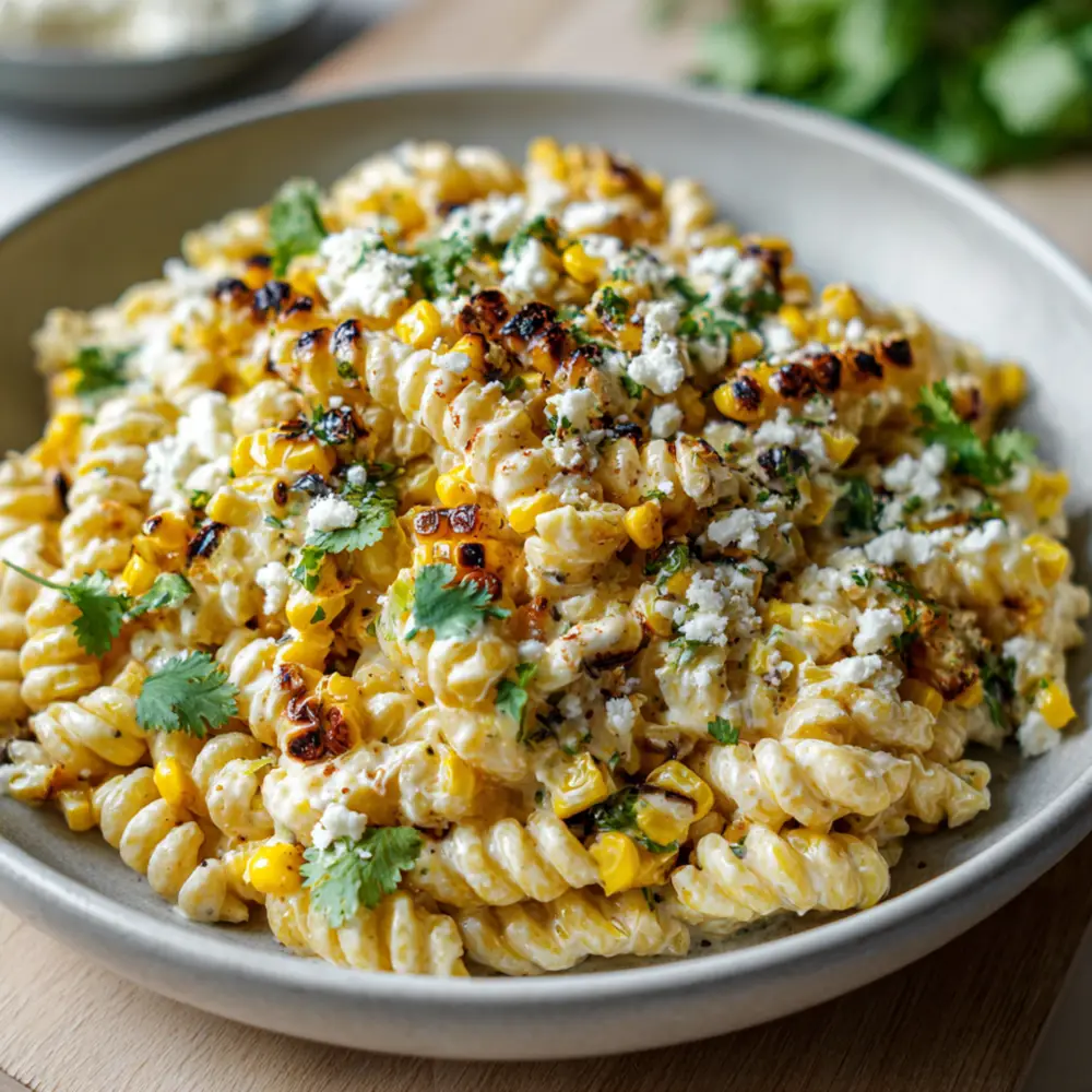 Creamy corn pasta salad with herbs and cheese