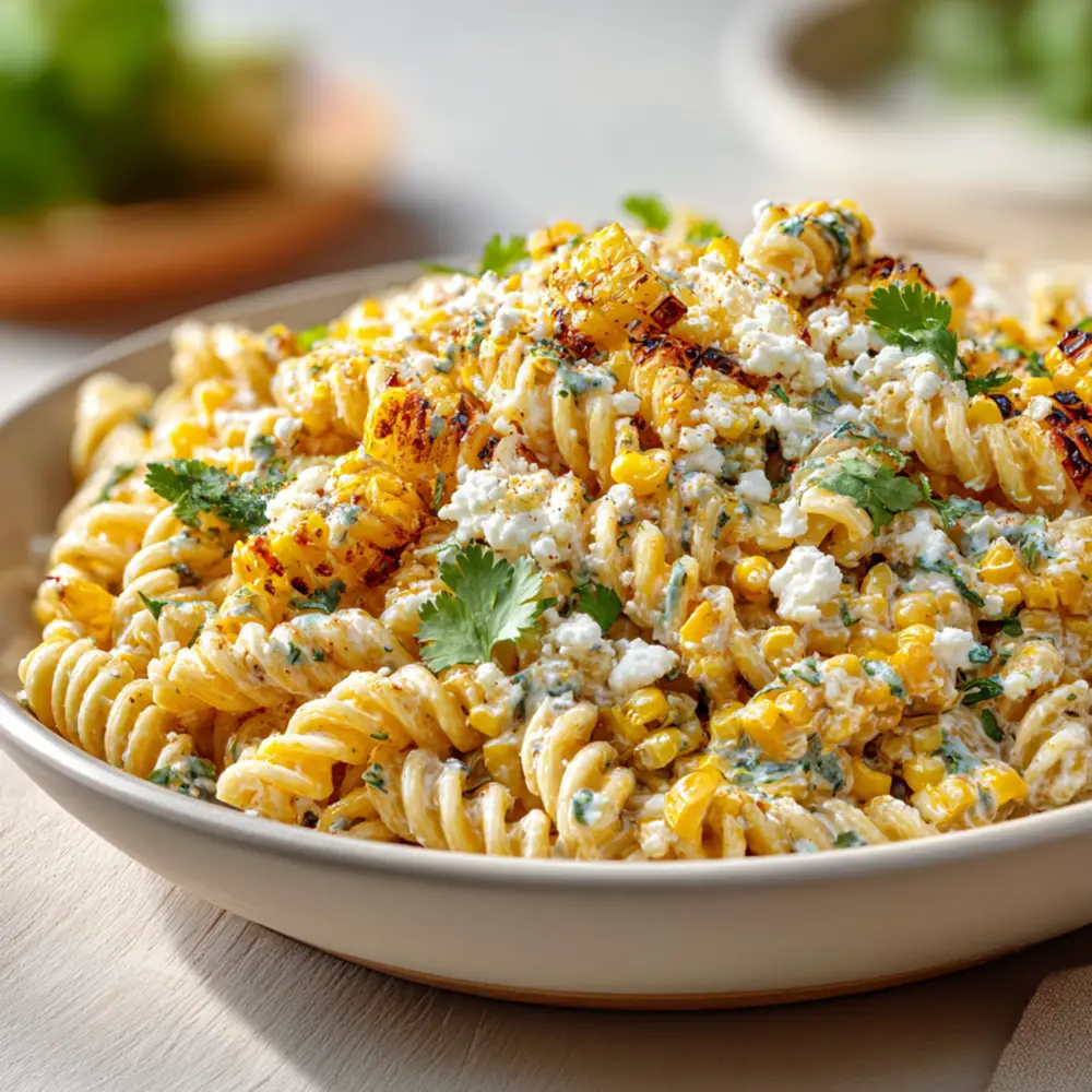 Pasta salad with roasted corn, herbs, and creamy sauce