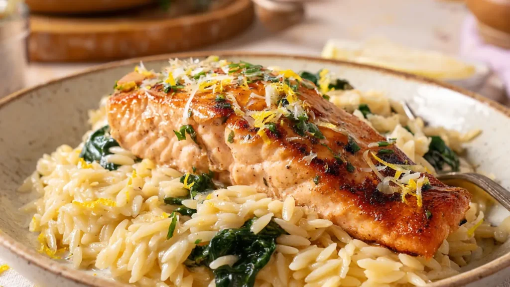 Pan seared salmon served with creamy lemon orzo and spinach