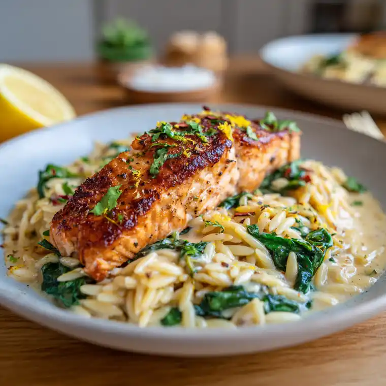 Seared salmon over creamy orzo pasta with spinach and herbs