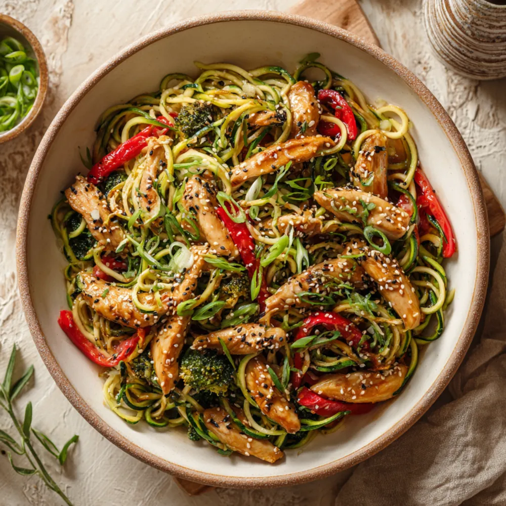 Sesame chicken zucchini noodles with green onions and vegetables