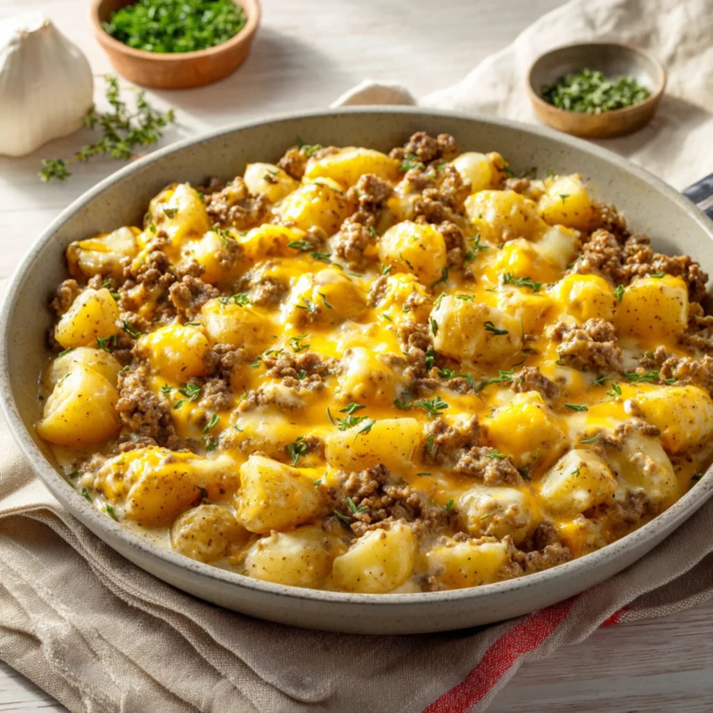 creamy meat and potato skillet with melted cheese and herbs