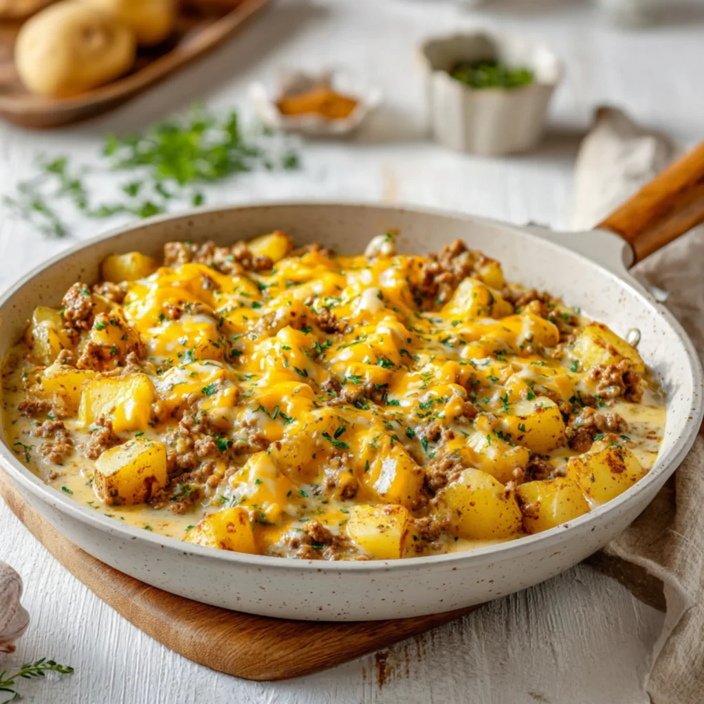 cheesy meat and potato skillet with creamy sauce