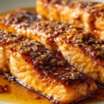 Sticky honey garlic salmon fillets with glossy glaze