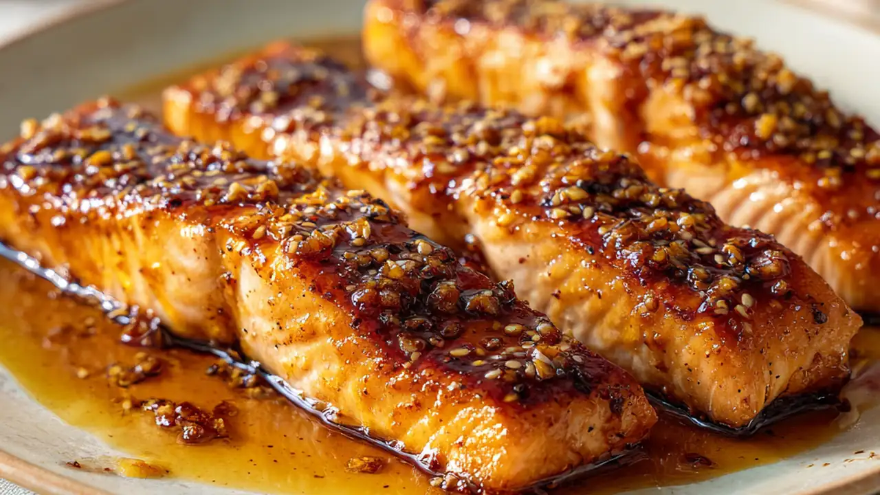Sticky honey garlic salmon fillets with glossy glaze