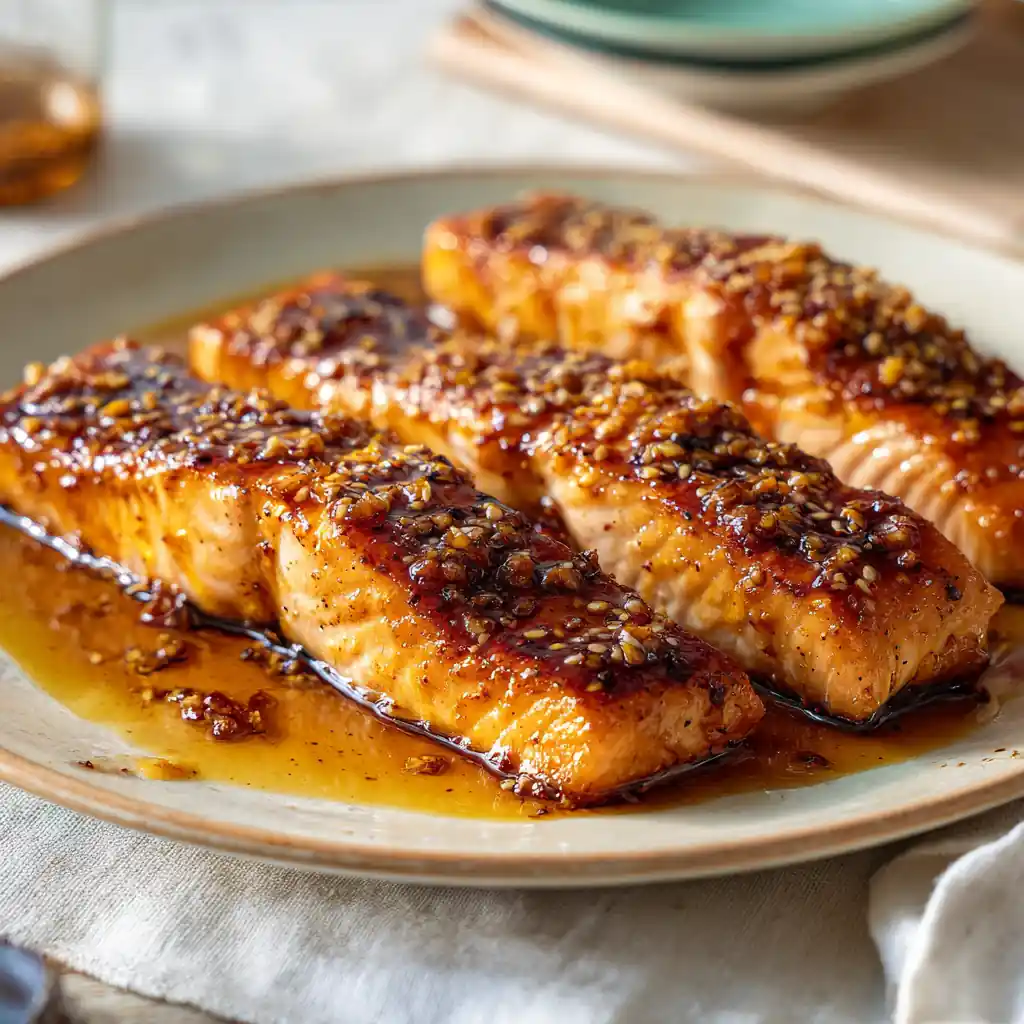 Honey garlic glazed salmon fillets on a plate