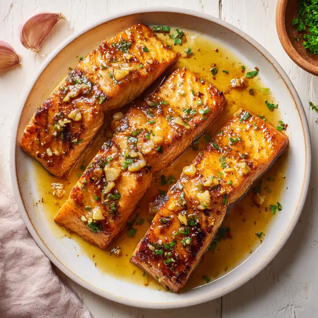 Garlic butter salmon fillets with glossy sauce