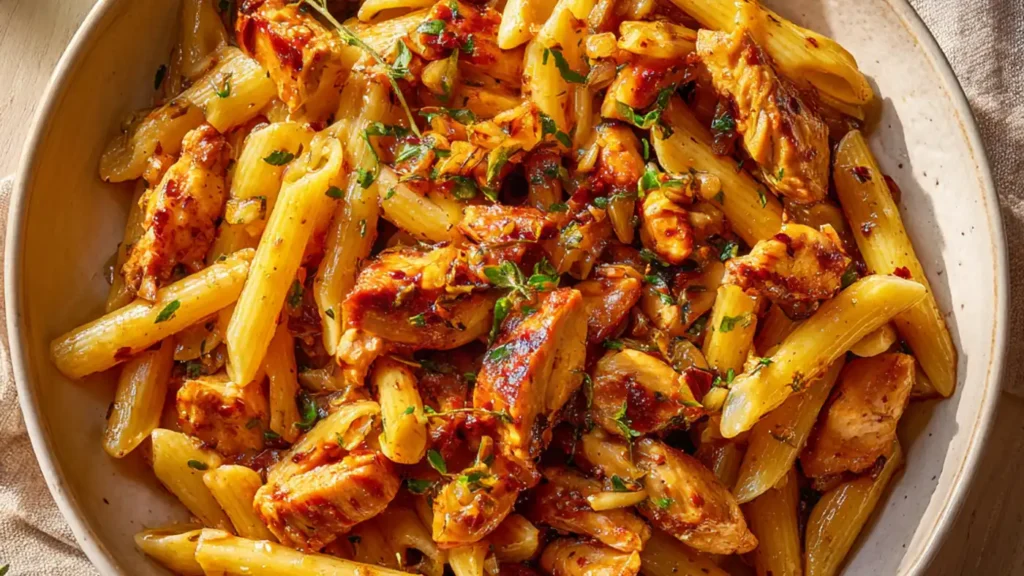 Sticky smoky garlic butter chicken pasta with caramelized chicken pieces