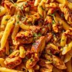 Sticky smoky garlic butter chicken pasta with caramelized chicken pieces