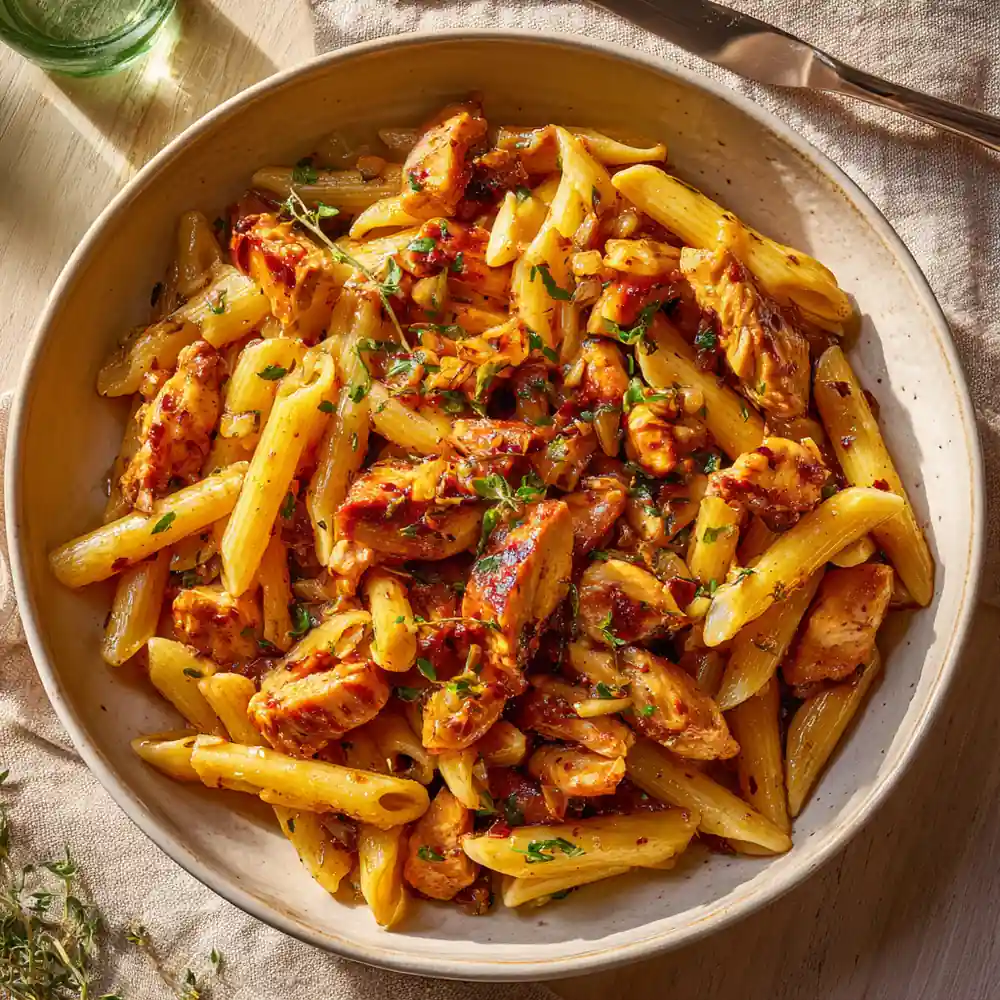 Garlic butter chicken pasta with smoky seasoning and penne