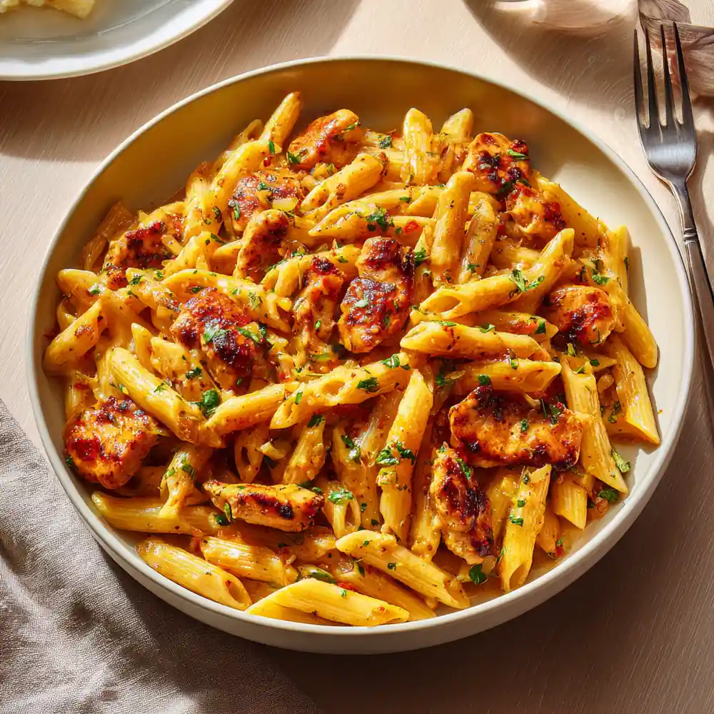 Sticky garlic butter chicken pasta with crispy golden chicken