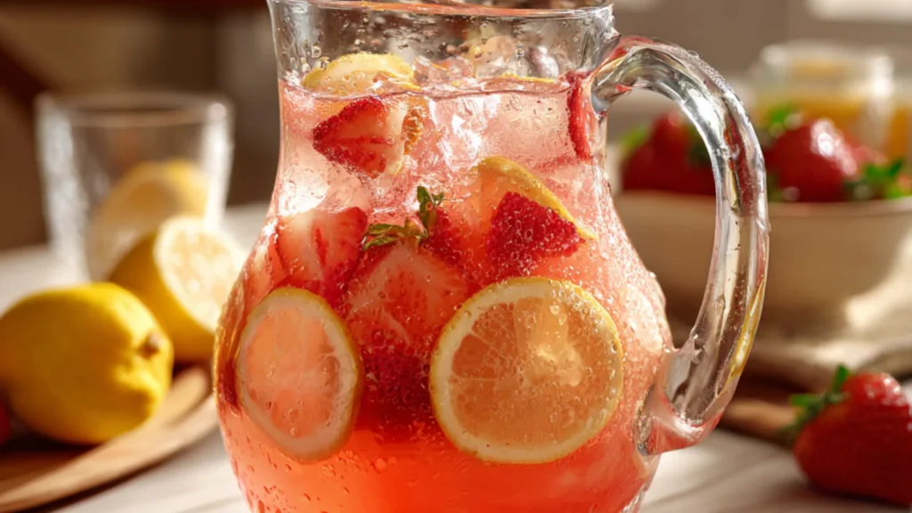 Strawberry lemonade with fresh lemon slices and strawberries