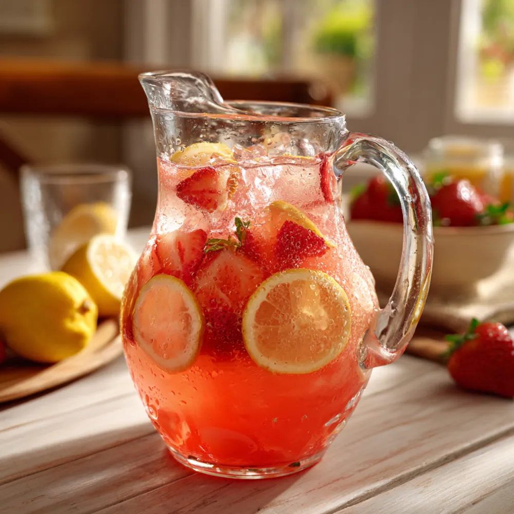 Strawberry lemonade drink with ice and fresh fruit