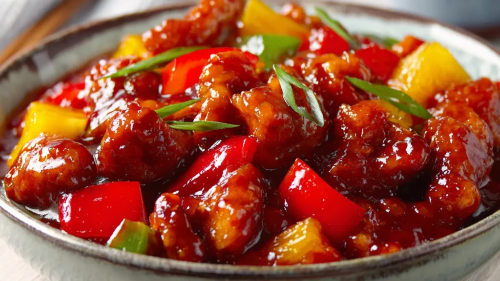 Sweet and sour chicken with pineapple and bell peppers in glossy homemade sauce