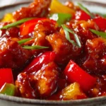Sweet and sour chicken with pineapple and bell peppers in glossy homemade sauce