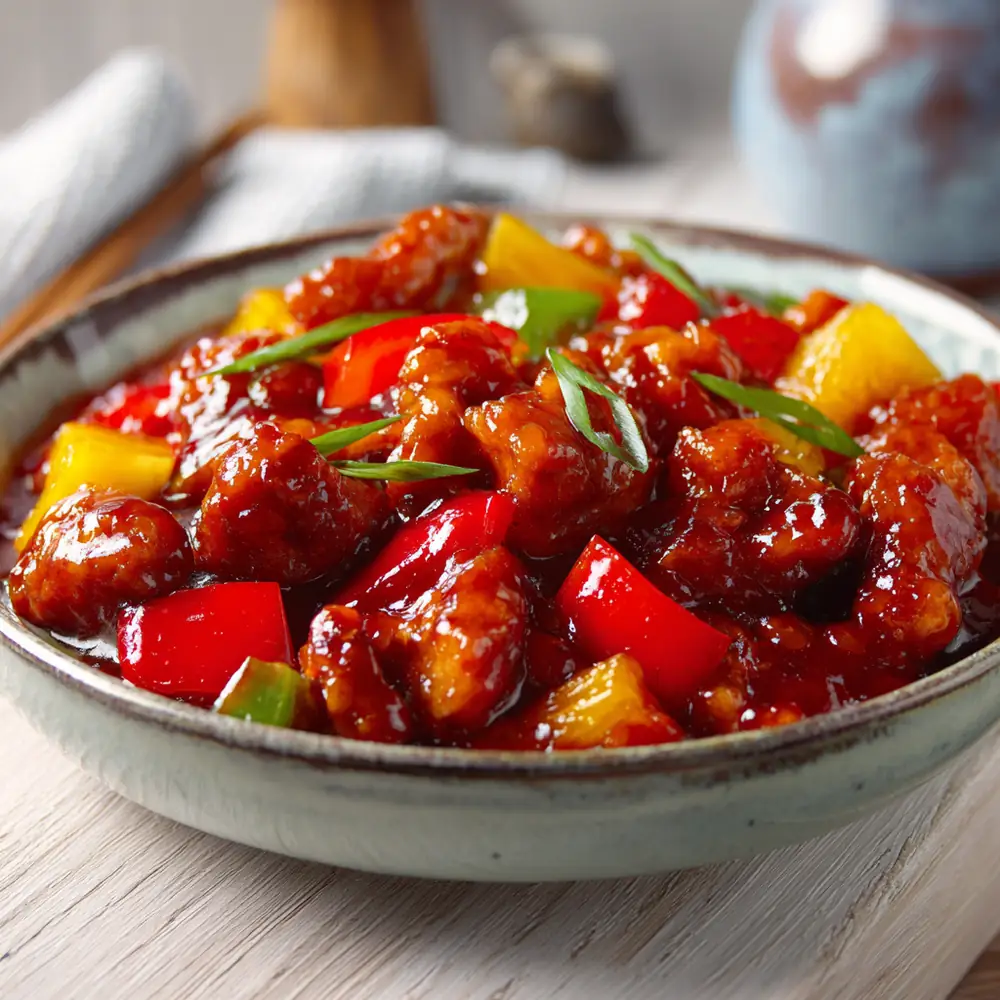Sticky sweet and sour chicken served with pineapple and peppers