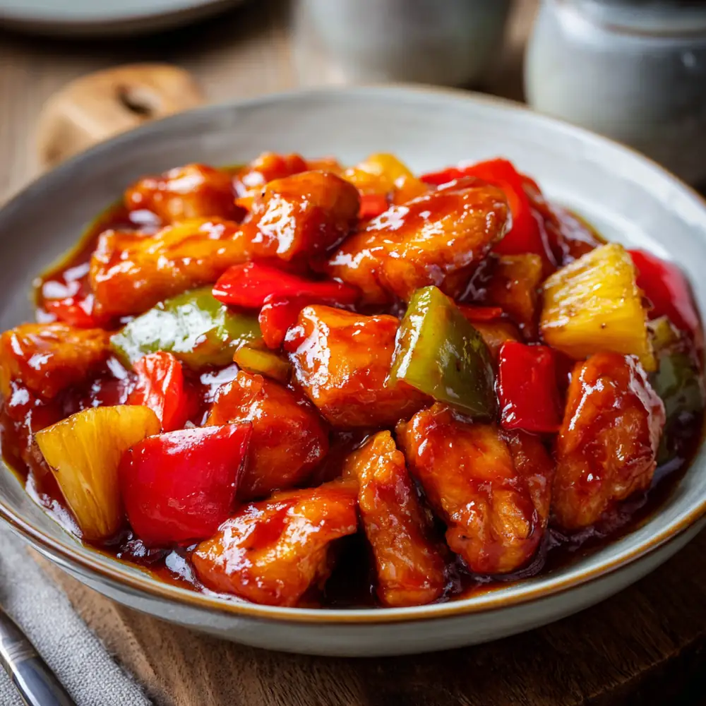 Homemade sweet and sour chicken with colorful peppers and pineapple chunks