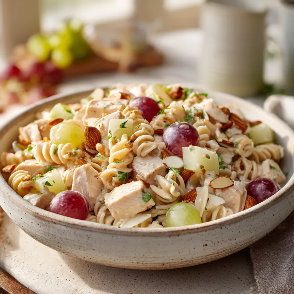 Chicken pasta salad with grapes, apples, and creamy dressing